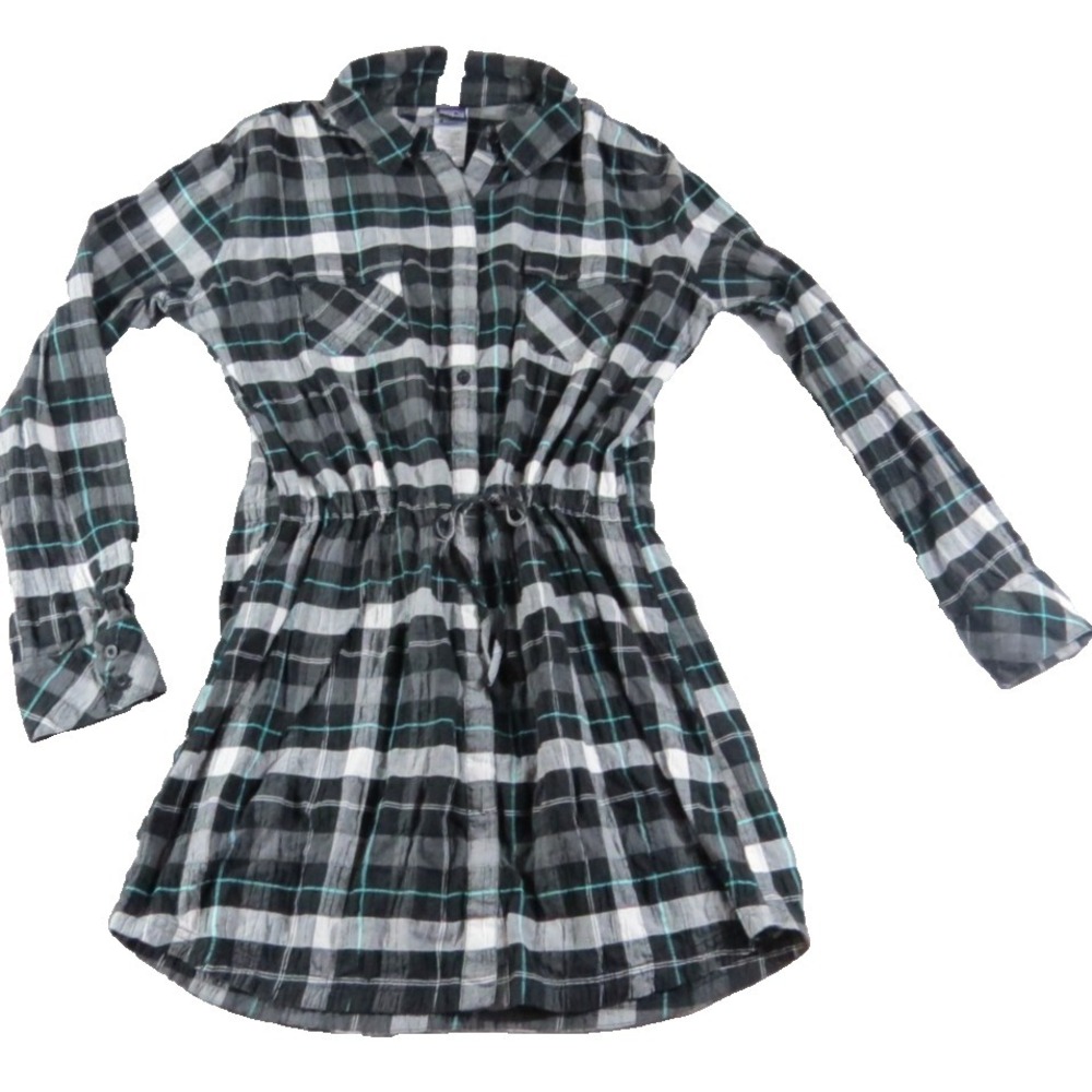 Patagonia W's Long-Sleeved Highlands Dress‎ L Black Gray Plaid Organic Cotton